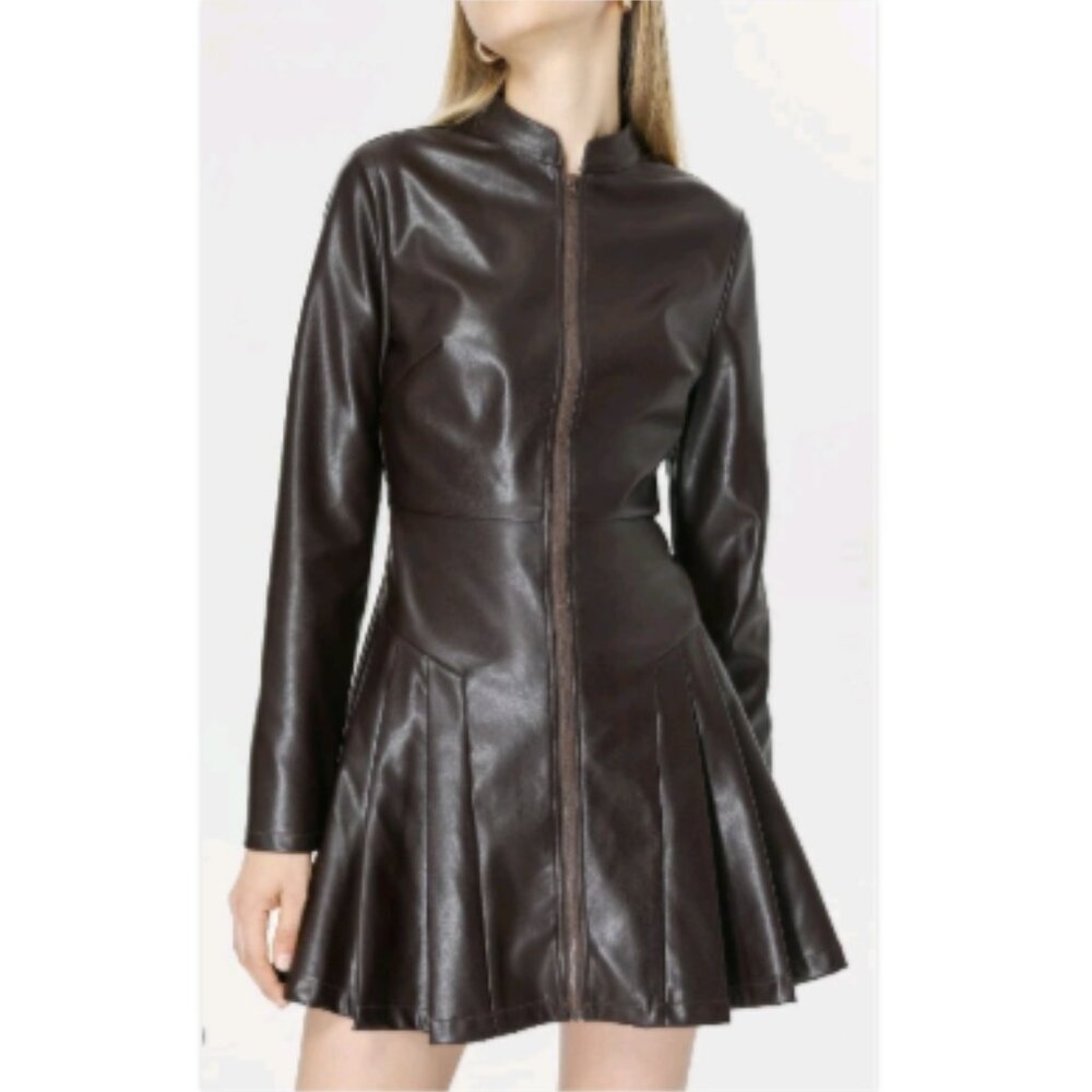 NWT Cider Dress Women M Brown Faux Leather Mini Fit & Flare Clean Girl